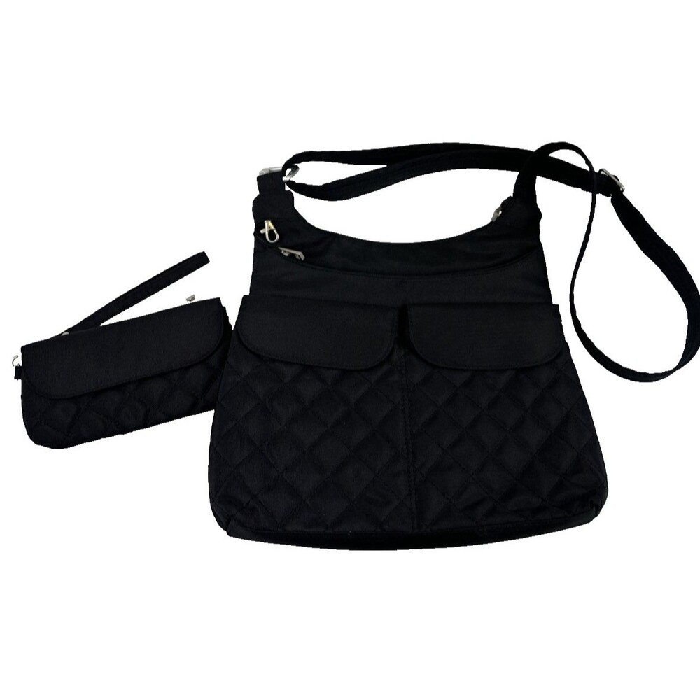 Travelon Anti Theft Quilted Pocket Crossbody Wallet Black Flap RFID‎ Purse Zip